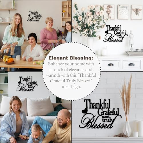 Thankful Grateful Blessed Wall Decor Black Metal Wall Art Thankful Grateful and Truly Blessed Sign Home Decor Entryway Living Room Decoration Signs - 12 Inches