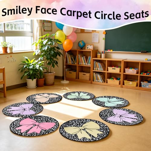 12 Pcs Bow Carpet Circle Seats for Classroom Decorations 16 Inch Non-Slip Composition Notebook Classroom Carpet Rug Soft Floor Cushions Pastel Small Floor Mat for Preschool Daycare Reading Corner