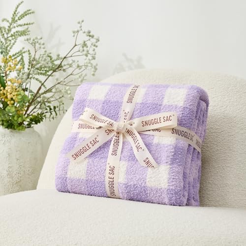 Snuggle Sac Buffalo Plaid Bedding Blanket Twin Size, Super Soft, Cozy Warm Knit Decorative Blankets, Reversible Plaid Fluffy Throws for Bed, Plaid Purple, 60x80 Inches