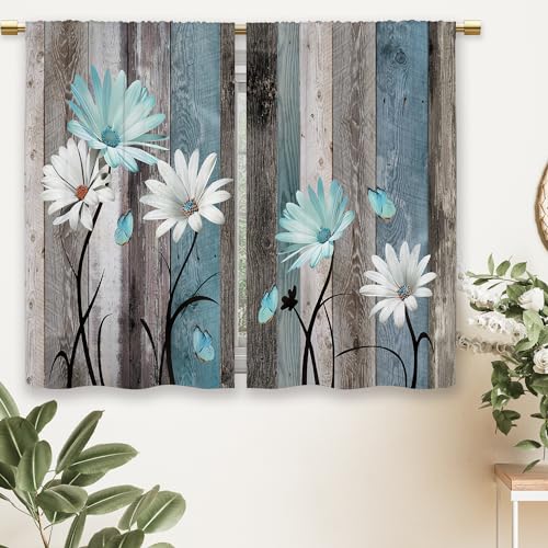 Teal Farmhouse Daisy Kitchen Curtains Wooden Flower Small Short Cafe Window Curtains Rustic Floral Butterfly Country Bathroom Drapes Treatment Tier Curtains 2 Panels (27.5x39 Inch)