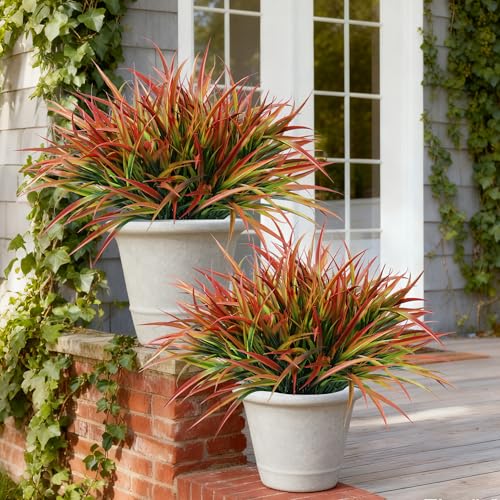 Ivydale 12Pcs Fake Plants Outdoor Artificial Plastic Grass Spring Decoration UV Resistant Faux Greenery Stems Bushes Outside Fake Plants for Planters Patio Porch Window Box Pathway Garden Home Decor