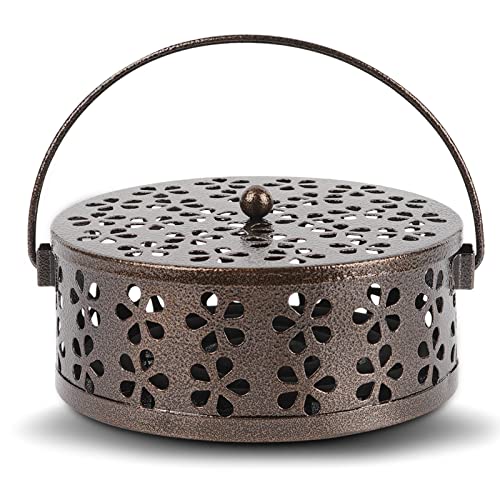 Portable Iron Mosquito Coil Holder with Handle Round Heat-Resistant Incense Holder for Home Office Camping (Bronze)