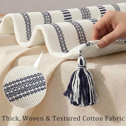 Smile Bee Spring Boho Outdoor Throw Pillow Covers Set of 2, Decorative Woven Striped Pillow Covers with Tassels for Couch Bed Sofa, 18x18 Inch, Navy Blue and Cream White
