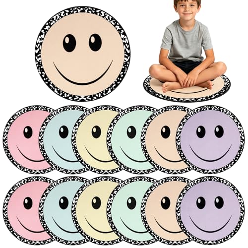12Pcs Smiley Face Carpet Circle Seats for Classroom Decor 16 Inch Non Slip Floor Cushions Smiley Composition Notebook Classroom Rug Round Floor Mat for Preschool Kindergarten Reading Playing Area