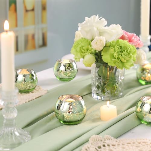24PCS Green Votive Candle Holder Bulk, Round Mercury Glass Votives