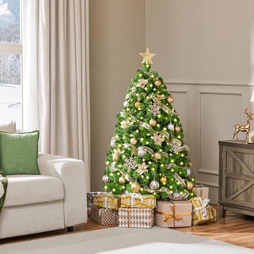 Yaheetech 4.5ft Pre-lit Artificial Christmas Tree with Incandescent Warm White Lights, Flocked Full Prelighted Xmas Tree with 340 Branch Tips, 150 Incandescent Lights & Foldable Stand, Pure Green