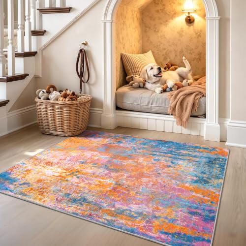 Entryway Rug 3x4 Rainbow Bedroom Area Rug Washable Non Slip Abstract Boho Rugs for Indoor Entry, Kitchen, Classroom, Bathroom, Kids Girls Room, Office, College Dorm Small Carpet