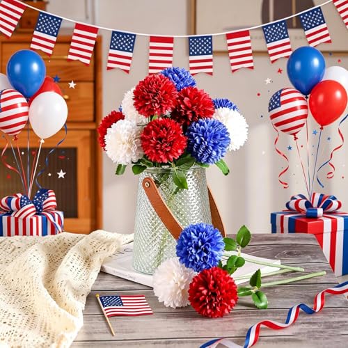 Floweroyal 12pcs 4th of July Flowers 250th Anniversary Artificial Chrysanthemum Ball Silk Hydrangea Flowers for Independence Day, Memorial Day, Floral Arrangement Decor (Red, Blue, White)