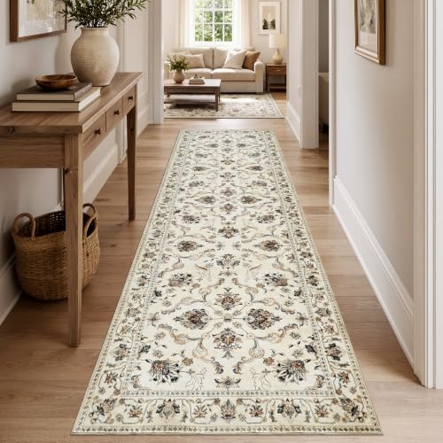 jinchan 3x10 Traditional Floral Rug, Washable Rug Runner, Beige Slate