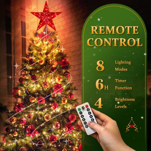 Red Christmas Tree Star Topper with Lights, 8.5-Inch Light-Up Christmas Tree Topper with Remote Control, 4 Brightness Levels & 8 Light Modes, Faux Mercury Glitter Design with 20 Lights