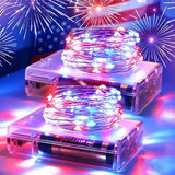 4th of July Patriotic Decorations, Red White Blue Fairy String Lights, Battery Operated with Timer, 2 Pack Total 33FT 100 Led Mini Battery Powered Mason Jar Firefly Lights DIY Party Memorial Day