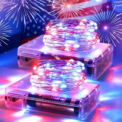 4th of July Patriotic Decorations, Red White Blue Fairy String Lights, Battery Operated with Timer, 2 Pack Total 33FT 100 Led Mini Battery Powered Mason Jar Firefly Lights DIY Party Memorial Day