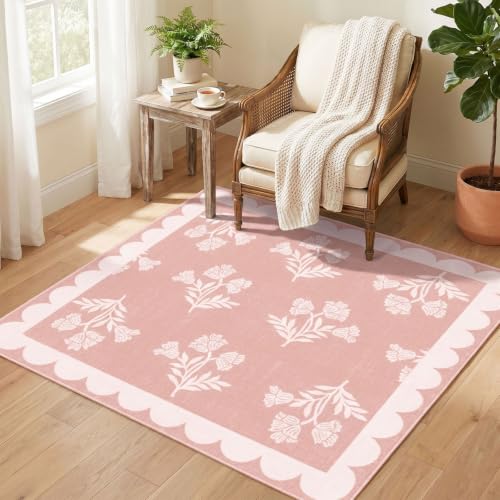 Pink Square Rug 3ft - Soft Washable Floral Cute Boho Bathroom Rug