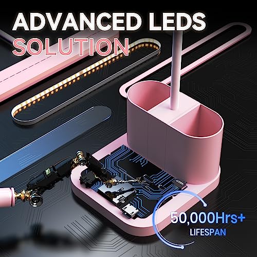 Pink Desk Lamp for Home Office, Cute Table Lights for Bedrooms, Kawaii, Dimmable LED, Flexible Gooseneck, Pen Holder, Touch Control, Room College Dorm Essentials for Teen Girls Kids