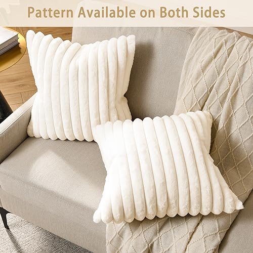 Volcanics Pack of 1 Double-Sided Faux Fur Plush Decorative Throw Pillow Covers 18x18 Inches Soft Fluffy Striped Couch Pillow Cases, Cream White