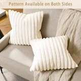 Volcanics Pack of 1 Double-Sided Faux Fur Plush Decorative Throw Pillow Covers 18x18 Inches Soft Fluffy Striped Couch Pillow Cases, Cream White