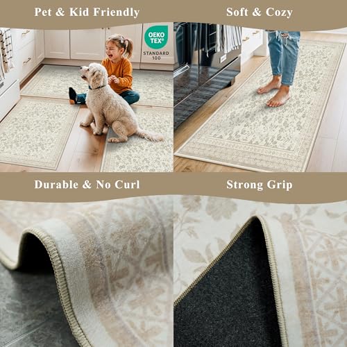 Kitchen Rug Sets 3 Piece, Washable Non-Slip Farmhouse Kitchen Mats for Hardwood Floor, Rustic Floral Boho Runner Rug for Sink,Entryway & Hallway & Bathroom (Beige/Floral,2x3-2x4-2x5)