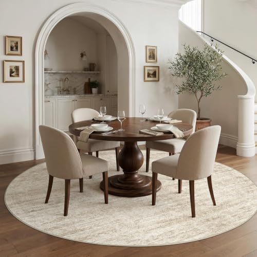 Area Rugs Round 8ft Washable Abstract Carpet Beige Brown