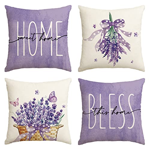 AVOIN colorlife Lavender Home Sweet Home Spring Throw Pillow Covers, 18 x 18 Inch Purple Summer Cushion Case for Sofa Couch Set of 4