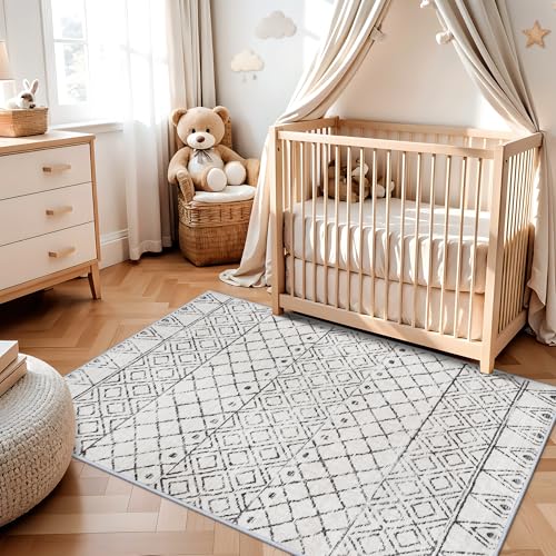 3x5 Washable Moroccan Area Rug: Ultra Soft Low Pile Non Slip Rugs Grey