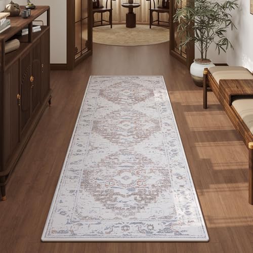 Vintage Runner Rug Non Slip for Hallway Bathroom Kitchen 2x3 ft, Ultra Soft Boho Carpet Runner with Low Pile Design Machine Washable Runner Rugs for Entryway Laundry Living Room