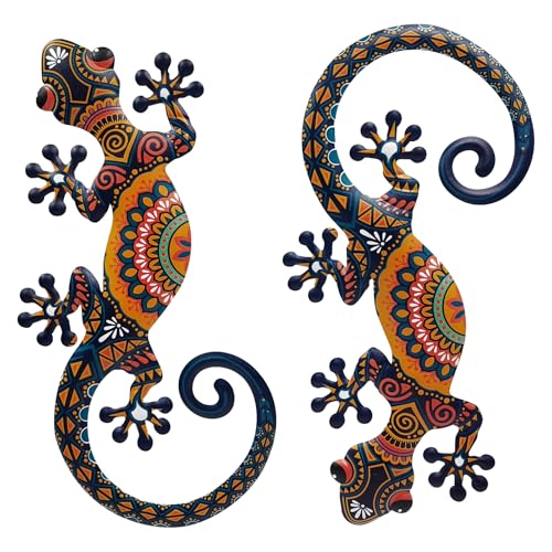 LIFFY Metal Lizard Gecko Wall Art - 2 Pack 15 Inch Metal Wall Decor, Lizard Outdoor Hanging Glass Sculpture Decoration for Yard Garden Art, Patio Fence Home, Unique Gift Ideas