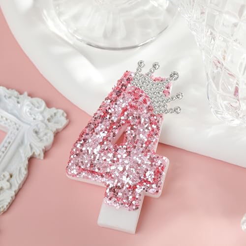 PHD CAKE Birthday Number Candles,Pink Crown Birthday Candles for Cake,Glitter Number 4 Candle Cake Topper with Sequins for Girls,Women, Anniversary Celebrations Supplies