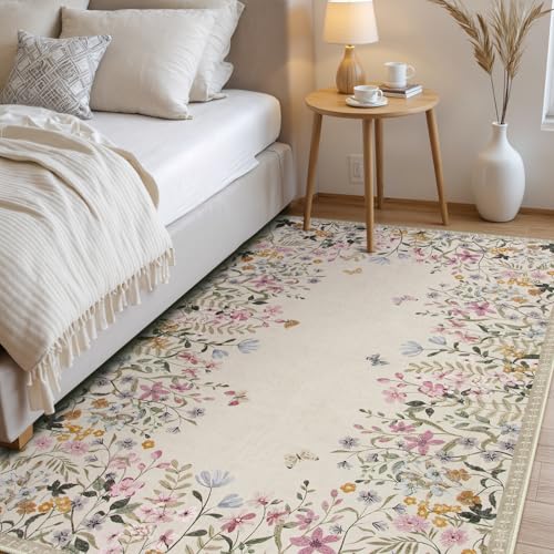 Wonnitar 5x7 Area Rug for Living Room, Floral Washable Rug for Bedroom, Boho Botanical Nursery Rug, Non Slip Soft Farmhouse Carpet, Beige Kids Playroom Decor (5x7 Beige)