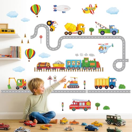 DECOWALL SG2-2107 Construction Transportation Wall Decals Car Truck Tractor Road Stickers for Kids Boys Living Room Decor Bedroom Playroom Nursery Peel and Stick Removable