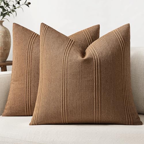 MIULEE Fall Striped Euro Sham Pillow Covers 26x26 Inch Sugar Brown 2 Pack