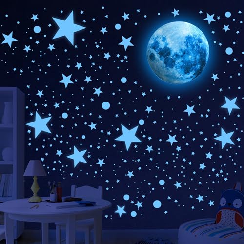 492 Glow in The Dark Stars & Moon Space Galaxy Universe Planet Wall Decals - Blue Glowing Stars Stickers for Kids Bedroom, Nursery & Living Room Decor