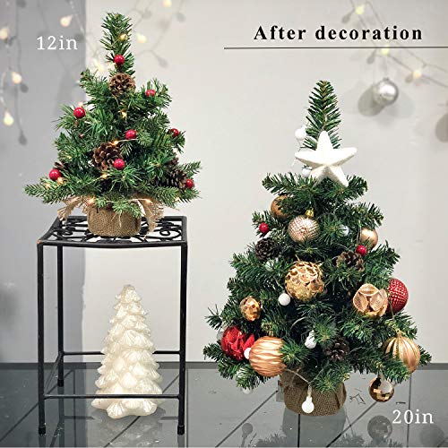 Pre-Lit Artificial Mini Christmas Tree,20 inch Small Pine Xmas Tree with 40 LED Lights,70 Branch Tips,Battery Operated Tabletop Christmas Tree Burlap Base-(50cm)