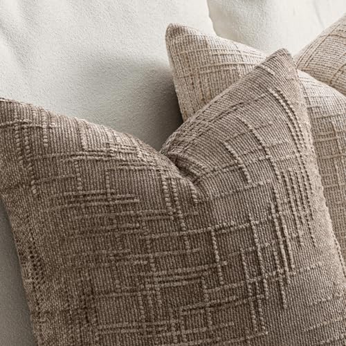 MIULEE Textured Throw Pillow Covers Thick Chenille Decorative Pillows Taupe Grey 18x18 Inch Set of 2 Modern Boho Farmhouse Home Decor Neutral Cushion Covers for Couch Sofa Living Room Bedroom