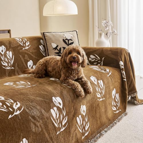 Couch Cover for Dogs Washable Sofa Cover, Sectional Couch Covers, Sofa Covers for 2 Cushion Couch, Non Slip Stripe Sofa Slipcovers Furniture Protector (Floral ‌Brown 71x102)