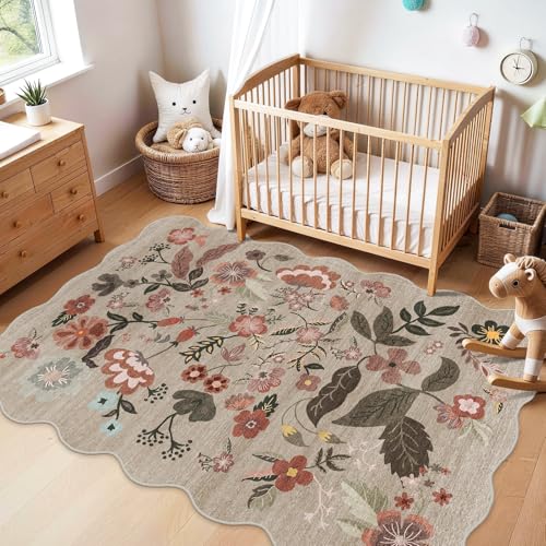 5x7 Area Rugs for Living Room: Floral Scalloped Washable Bedroom Rug Brown