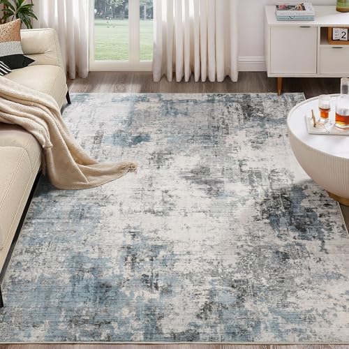 Abstract 9x12 Area Rug: Machine Washable Non Slip Ultra Thin Low-Pile Carpet, Soft Stain Resistant for Living Dining Room Bedroom, Kid Pet Friendly, Robot Vacuum Compatible - Grey Blue