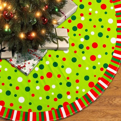 Christmas Tree Skirt 48 Inches, Velvet Stripes Trimmed Tree Skirt with Red Green White Polka Dots Design for Holiday Party Decor