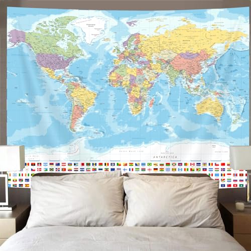 World Map Tapestry Wall Hanging, Map of The World with National Educational Walls Tapestries Room Decor, Boys Girls Kids Map Wall Tapestry for Bedroom Living Room Office Classroom (60X40")