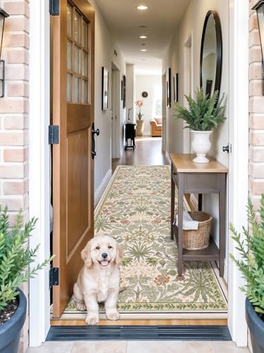 3x10 Washable Floral Runner Rugs: Non-Slip Long Wide Indoor Carpet Runner for Hallway Floor Living Room Entryway Bedroom - William Morris Rug Stain Resistant Dark 3x10ft Beige