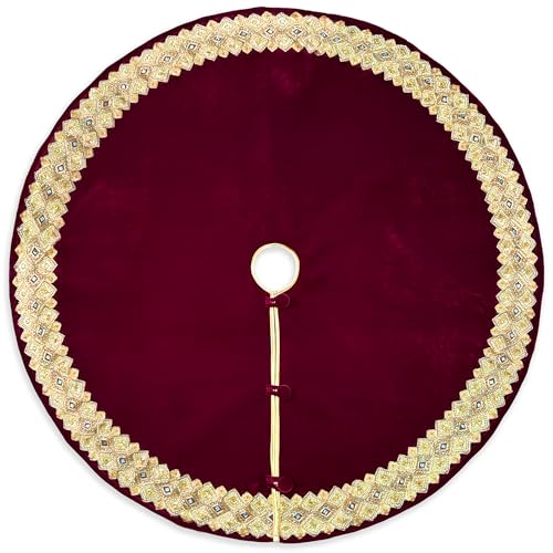 60-Inch Venetian Gilded Velvet Christmas Tree Skirt with Gold Embellished Border, Foam-Padded, Button Closure, Burgundy