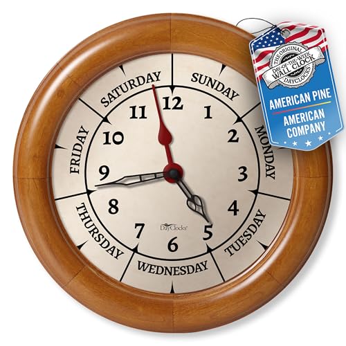 Time & Day of The Week Wall Clock with 10" Solid Pine Wood Frame – – Ideal Retirement Gift for Men and Women, Day Clock for Seniors and Retirees