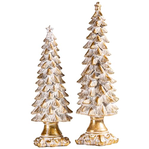 Gold Christmas Tree Figurines Set of 2, Vintage Christmas Decor for Tabletop and Mantle, Xmas Centerpieces, 12.2 inches to 14.8 inches Tall, Resin