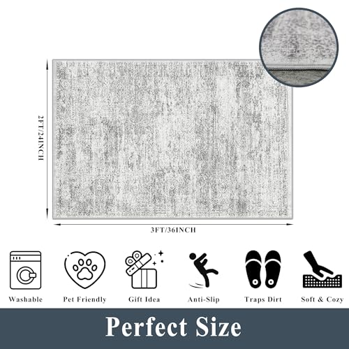 Washable Rug 2x3 for Entryway, Small Non-Slip Kitchen Throw Mat for Sink, Soft Low-Pile Stain & Fade-Resistant Indoor Mat for Pet Area & Bathroom (Grey/Ivory)