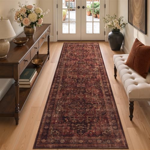 Washable Hallway Runner Rug 2'x8', Vintage Medallion, Dark Red