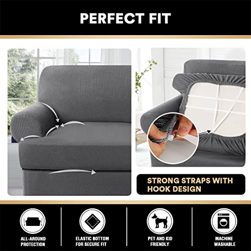 PrinceDeco 3 Pieces Loveseat Slipcover Bundle T Cushion Seat Couch Covers, Grey