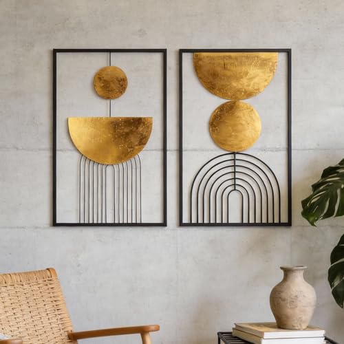 Abstract Geometric Wall Decor Set, Gold and Black Metal Wall Art with Circular and Linear Designs, 2 Piece Framed Modern Wall Sculpture