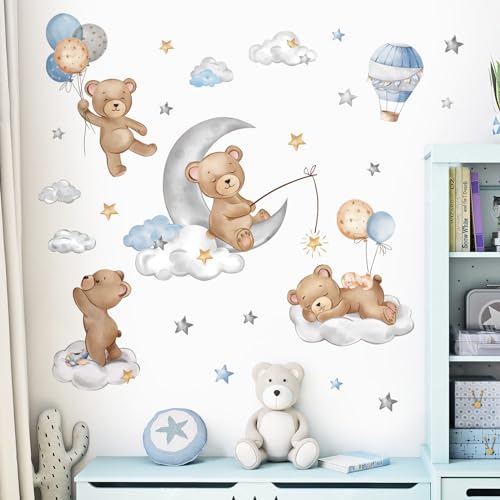 decalmile Bear Sleeping on The Moon Wall Decals Hot Air Balloon Animals Clouds Wall Stickers Baby Nursery Kids Bedroom Playroom Wall Decor