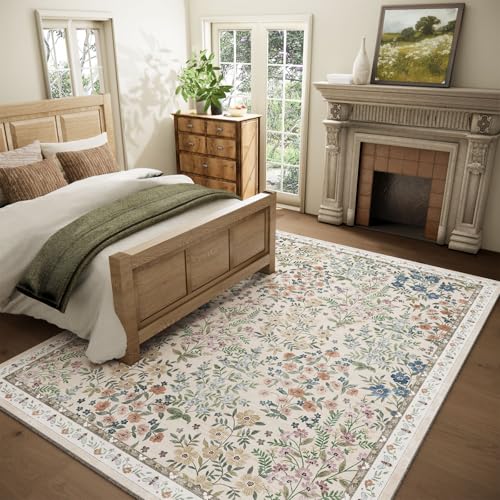 Machine Washable Rugs for Living Room: 8x10 Area Rugs for Bedroom Floral Non Slip Low Pile Soft Stain Resistant Carpet for Kitchen Dining Room Farmhouse Kids Room Nursery Indoor