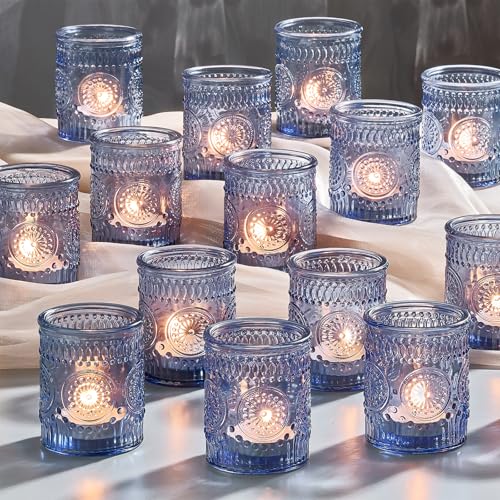 30 Pack Clear Glass Votive Candle Holders, Vintage Candle Holder Bulk, Tealight Candle Holders for Table Centerpieces, Home, Bridal Shower, Birthday, Christmas, Thanksgiving Party Table Decor (Blue)