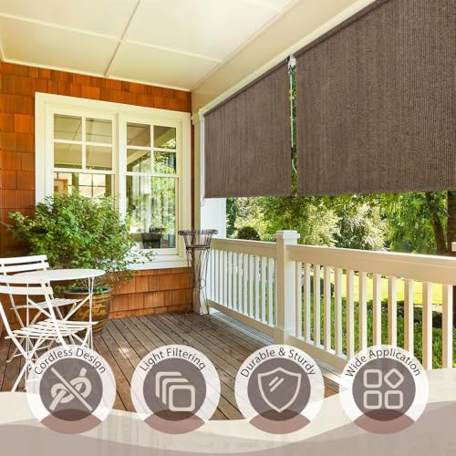 SEEYE Outdoor Sunshade Roller Shades 96" W x 96" H, Cordless Roll Up Shade Blinds Privacy Screen with 90% UV Protection, Exterior Patio Shade Cloth for Porch Pergola Balcony Backyard Windows, Mocha